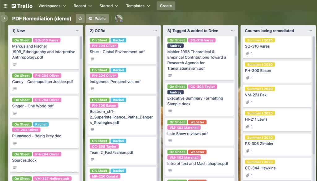 The PDF Remediation Trello board, populated with cards for individual documents and labels to identify courses.